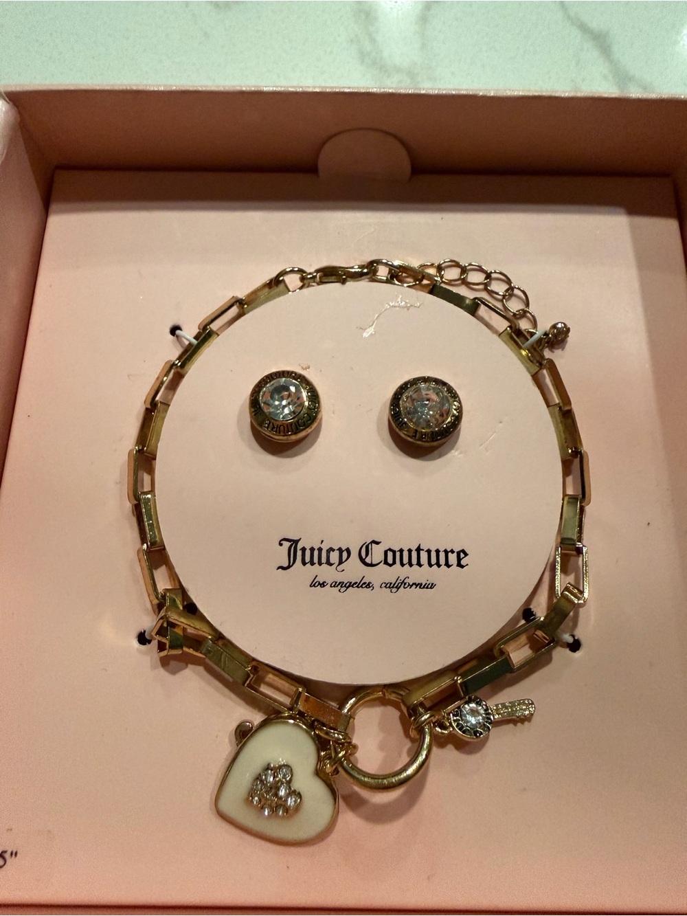 Juicy Couture Gold-Tone Heart Charm Bracelet with Crystal Stud Earrings